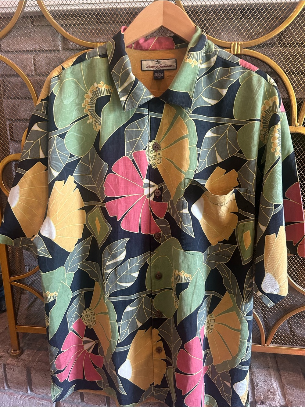 Tommy Bahama Navy Floral Camp Shirt with Green, Pink & Yellow Print